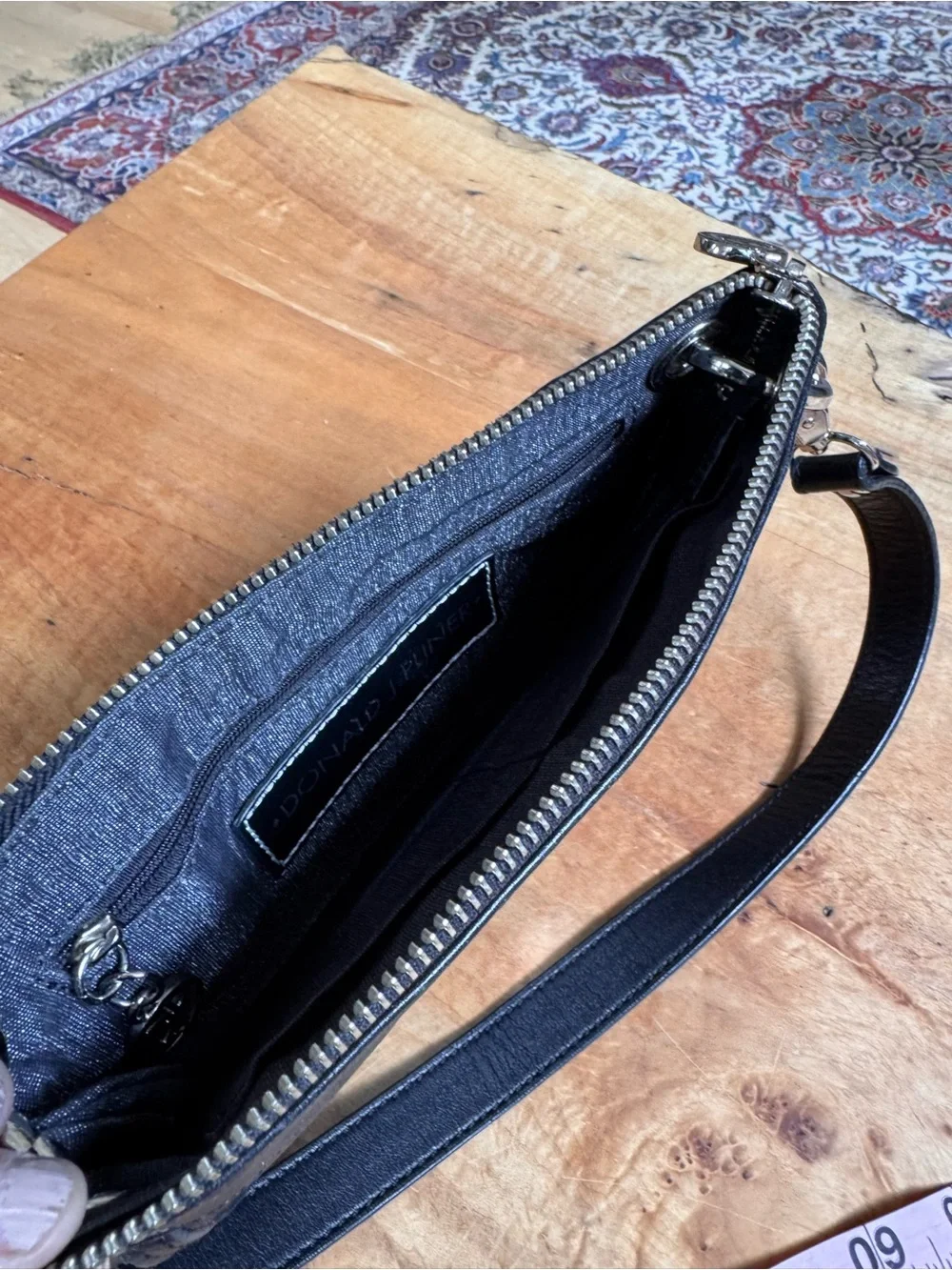 Donald J. Pliner Black Leather Shoulder Bag Clutch Wristlet Silver Hardware